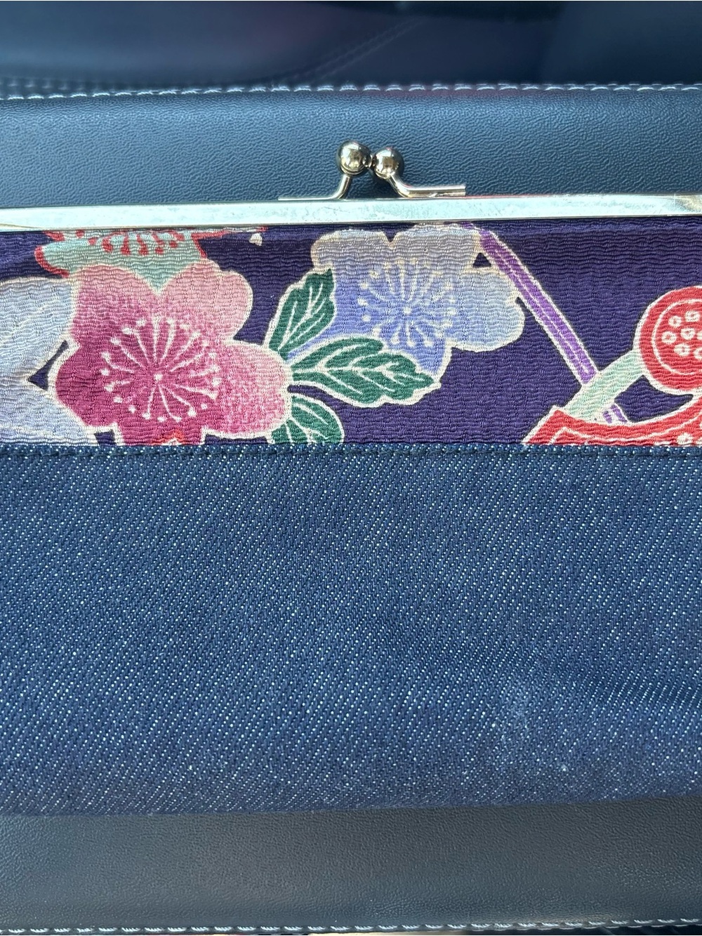 Kyoto Denim and Upcycled Kimono Fabric  Gamaguchi (kiss-lock) pouch clutch purse